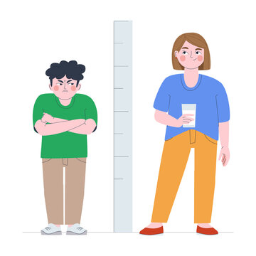 Children stand near a meter to measure height. The boy is angry, the girl smiles. Glass of milk in hand. Children's emotions. Flat vector illustration. Eps10