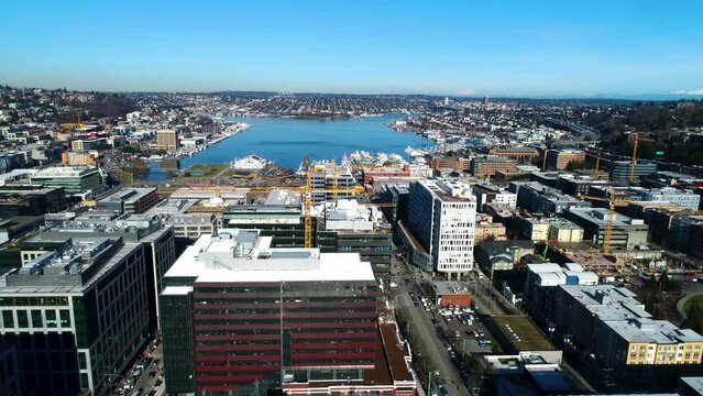 Wide aerial of Seattle's South Lake Union neighborhood in 2017, prior to the massive tech expansion of Google and Amazon.