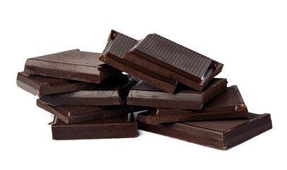 Small dark chocolate pieces isolated on white background