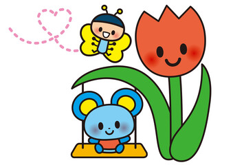 花,春,蝶,チューリップ,かわいい,動物,ネズミ,キャラクター,ゆるい,ブランコ,ファンシー,デフォルメ,笑顔,幼児向け,子供向け,ハート,メルヘン,嬉しい,楽しい,昆虫,自然,植物,あたたかい,開花,咲く,イラスト,４月,３月,ポップ,喜び