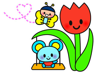 花,春,蝶,チューリップ,かわいい,動物,ネズミ,キャラクター,ゆるい,ブランコ,ファンシー,デフォルメ,笑顔,幼児向け,子供向け,ハート,メルヘン,嬉しい,楽しい,昆虫,自然,植物,あたたかい,開花,咲く,イラスト,４月,３月,ポップ,喜び