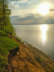 Cliff on the coast of the Volga river on a sunny day.
