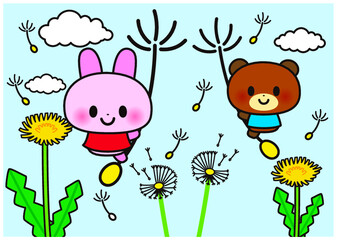 春,花,たんぽぽ,くま,うさぎ,動物,３月,４月,かわいい,綿毛,なかよし,青空,メルヘン,嬉しい,楽しい,種,喜び,自然,植物,あたたかい,開花,咲く,キャラクター,空,雲,ゆるい,ファンシー,ラブリー,デフォルメ,幼児向け,ポップ,子供向け,飛ぶ,笑顔,イラスト
