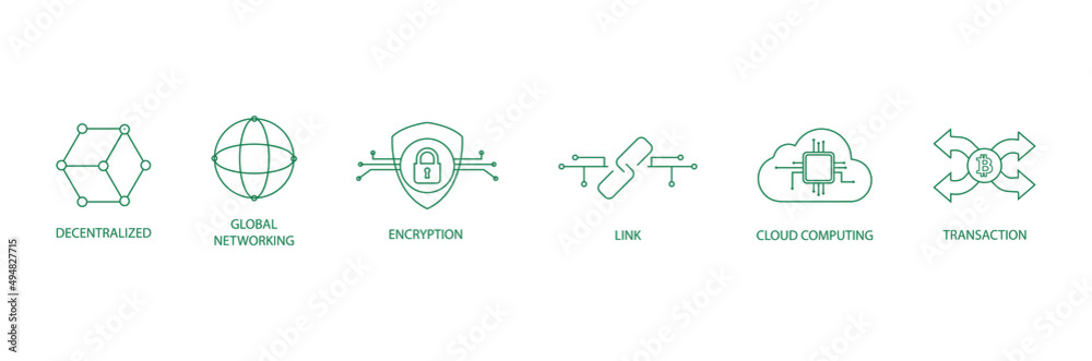 Poster decentralized, global network, encryption, link, cloud computing, transaction line icon set vector i