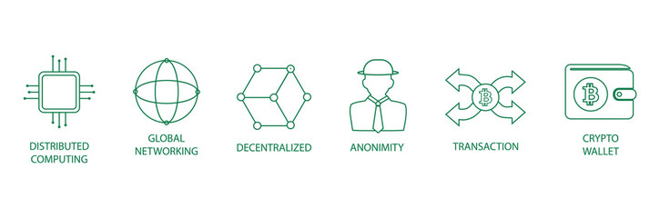 distributed computing, global network, decentralized, anonymity,  transaction, crypto wallet, blockchain line icon set vector illustration 