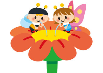 春,花,蝶,ミツバチ,昆虫,動物,３月,４月,５月,虫,植物,自然,擬人化,蜜,ストロー,食事,かわいい,笑顔,なかよし,メルヘン,嬉しい,楽しい,喜び,キャラクター,ラブリー,幼児向け,ポップ,子供向け,開花,咲く,イラスト