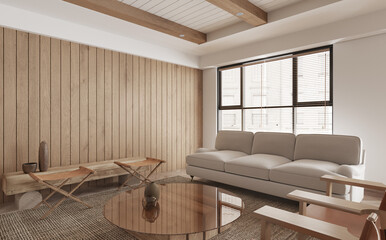 Interior living room contemporary style,gray sofa wooden wall and floor and day light from window. 3D illustration