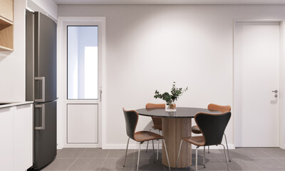 Modern kitchen interior with dining table and chairs.3D illustration