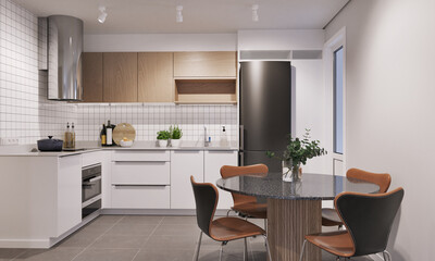 Modern Dining and kitchen interior with dining table and chairs.3D illustration