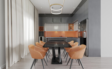Modern Dining and kitchen interior with dining table and chairs.3D illustration