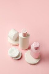 Cosmetics SPA branding mock up top view on pink background, banner for your brending, cosmetology, skincare, medicine concept