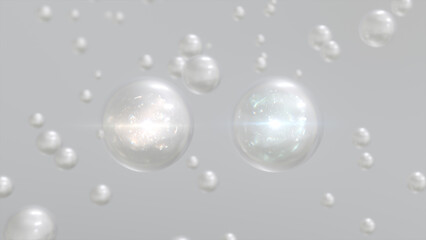 Macro shot of various White Pearl bubbles in water rising up on light background. Beauty glossy Moisturizing bubble blobs or drops 3D Rendering 6k. Vitamin for personal care and beauty concept. 