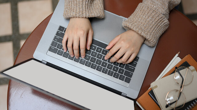 Overhead Shot, Female Freelancer Remote Working, Woking On Laptop.