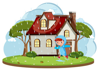 Obraz na płótnie Canvas Happy boy playing raining in front of house cartoon