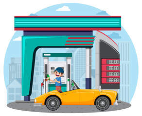 Gas station in cartoon style