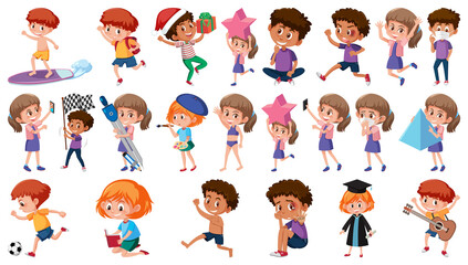 Set of children doing different activities on white background