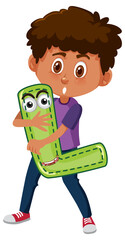 A boy holding alphabet letter on white background