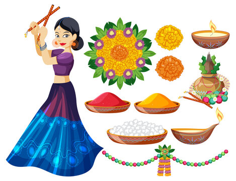 Indian festival elements with god and offerings