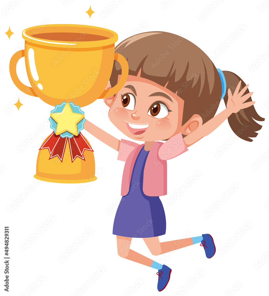 Sticker happy girl holding trophy cartoon character