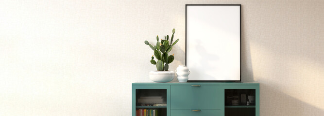 3D render mock up of a blank picture frame next to decor cactus pot on a green cabinet in the living room with morning sunlight from the window. WallPaper, Background, Backdrop, Houseplant, White, Art