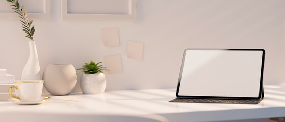 Obraz na płótnie Canvas Close-up, Modern bright white workspace table with portable tablet mockup
