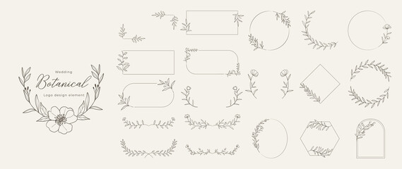 Wedding logo vector template. Botanical and floral logo element. Borders and dividers frame set. Hand drawn leaves branch, herb,flower, rose. Beauty and fashion frame design for logo and invitation.