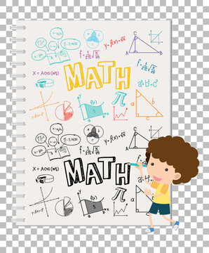 Doodle math formula on notebook page with kid