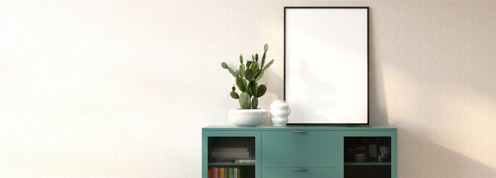 3D render mock up of a blank picture frame next to decor cactus pot on a green cabinet in the living room with morning sunlight from the window. WallPaper, Background, Backdrop, Houseplant, White, Art