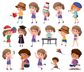 Set of children doing different activities on white background