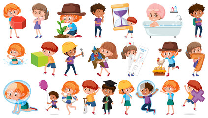 Set of children doing different activities on white background