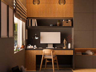 Modern home workstation interior design with built-in furniture, PC computer