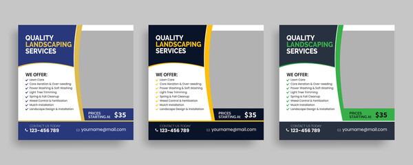 Creative social media post design template, social media kit landscaping lawn care, best lawn care Service square banner template, cleaning lawn mowing garden square  flyer