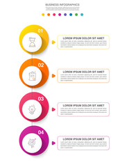 Vector line infographics template for four arrows and circles. Business concept with 4 elements and icons. Modern blank space for chart, content, step for step, timeline, diagram, web