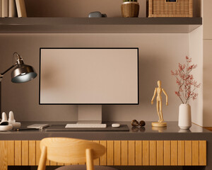 Close-up, Modern computer white screen mockup, supplies and decors