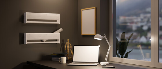 Modern dark office studio with notebook laptop mockup