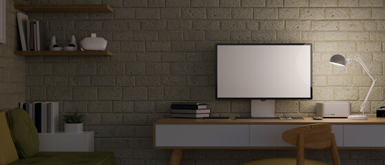 Modern contemporary home living room workspace in the dark at night