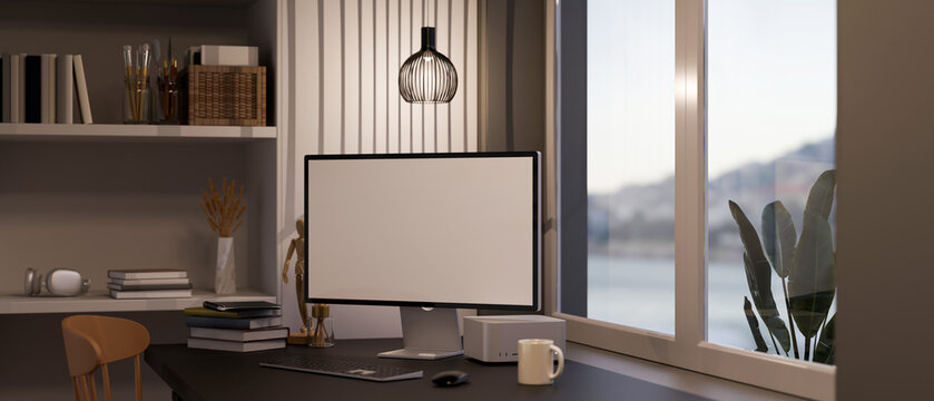 Workspace in modern office room interior with computer mockup