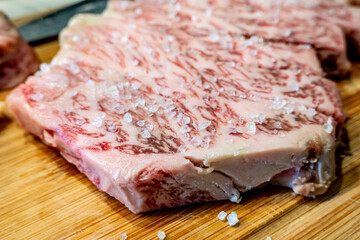 Fototapeta premium Premium Rare Slices many parts of Wagyu A5 beef with high-marbled texture