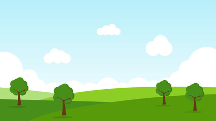 landscape cartoon scene with green hills and white cloud in summer blue sky background