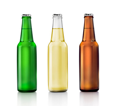 Set with different cold beer bottles on white background. 3d render