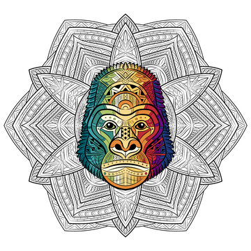 Gorilla face. Portrait of Big Mountain. Gorilla head-on a patterned background. Painted ethnic ornament. Africans design. May be used for the design of t-shirts, postcards, posters, banners. Vector