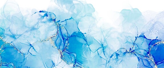 Original abstract bright blue accent, alcohol ink background with white canvas, fluid art with monochrome design, liquid wall picture, creative wallpaper decoration, minimal interior decoration - 494831953