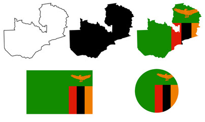 zambia map flag icon set isolated on white background - obrazy, fototapety, plakaty