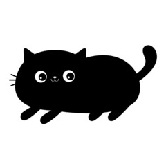 Cute lying cat. Cute cartoon funny character. Kawaii kitten baby animal. Love Greeting card. Black silhouette sticker. Flat design style. Happy Valentines Day. White background. Isolated.