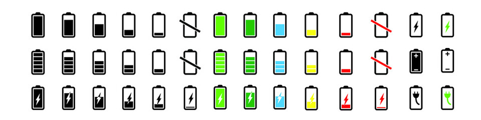 Battery icons vector set. Phone charge level illustration sign collection. UI design elements of battery percentage.