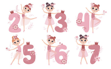 Dancing vector set of girl ballerinas with numbers, flowers, leaves, plants and floral elements in trendy colors for birthday.