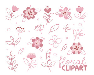 Fototapeta na wymiar Floral cute vector pink beautiful line art set with flowers, tulips, leaves, berries, plants, branches. 8 march and valentine day collection