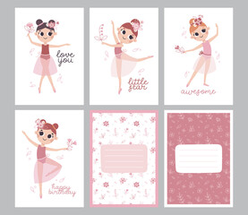 Dancing vector set cards of girl ballerinas with numbers, flowers, leaves, plants and floral elements in trendy colors for birthday.
