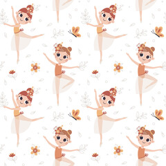 Dancing little vector girl ballerinas seamless pattern with flowers, leaves, plants and floral elements in trendy colors. © ejevyaka
