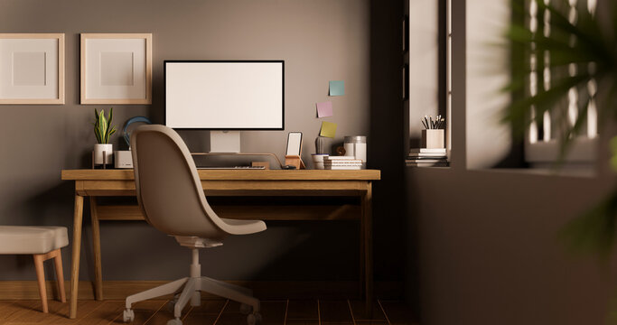 Modern urban trendy workstation interior design with computer mockup